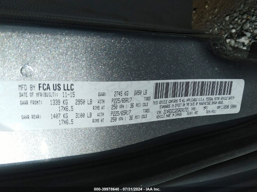 2016 Dodge Grand Caravan Sxt VIN: 2C4RDGCG2GR201721 Lot: 39978640