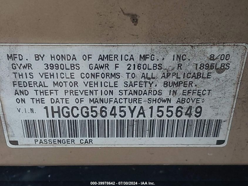 2000 Honda Accord 2.3 Lx VIN: 1HGCG5645YA155649 Lot: 39978642