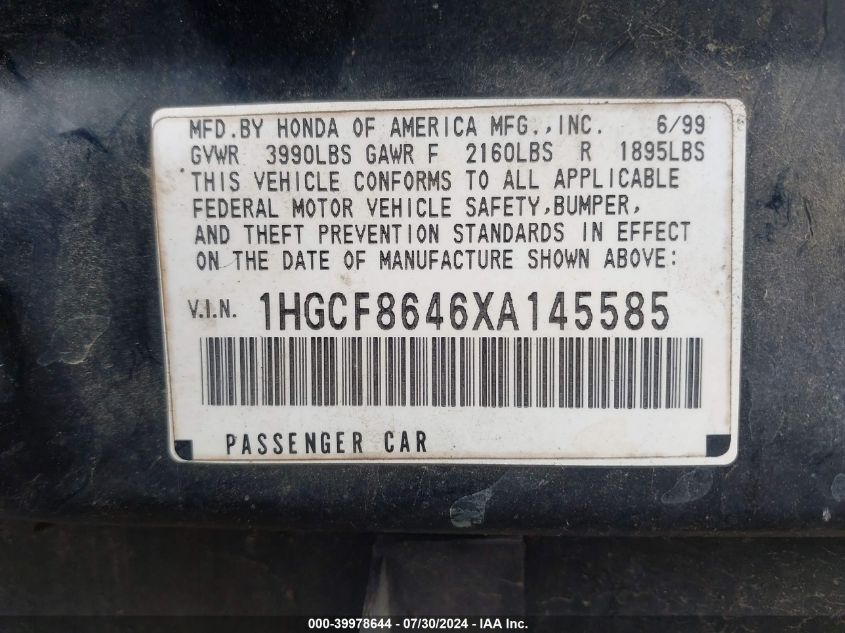 1999 Honda Accord Sdn Dx VIN: 1HGCF8646XA145585 Lot: 39978644