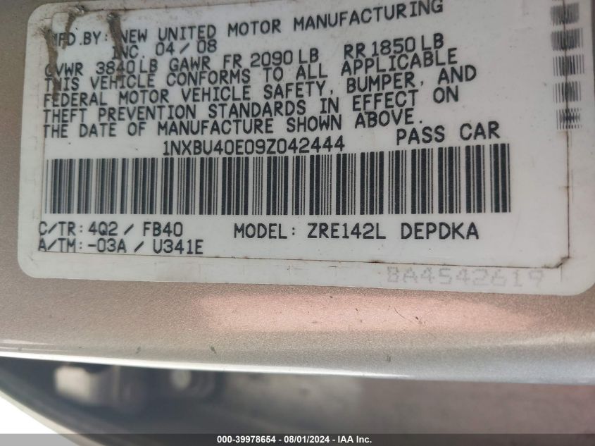 2009 Toyota Corolla VIN: 1NXBU40E09Z042444 Lot: 39978654