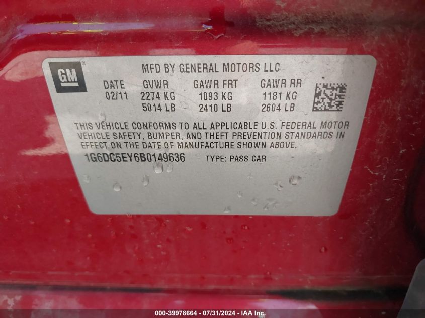 2011 Cadillac Cts Standard VIN: 1G6DC5EY6B0149636 Lot: 39978664