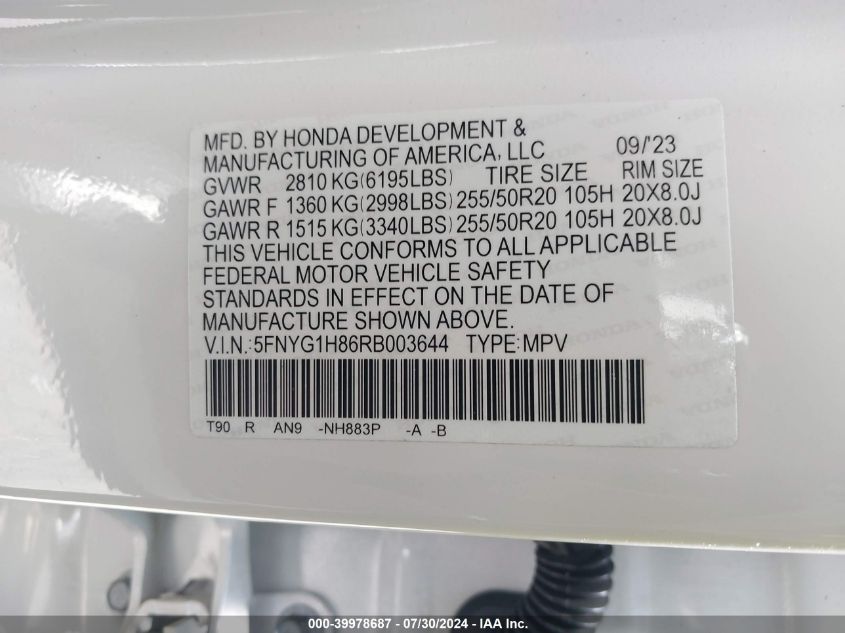 2024 Honda Pilot Awd Elite VIN: 5FNYG1H86RB003644 Lot: 39978687