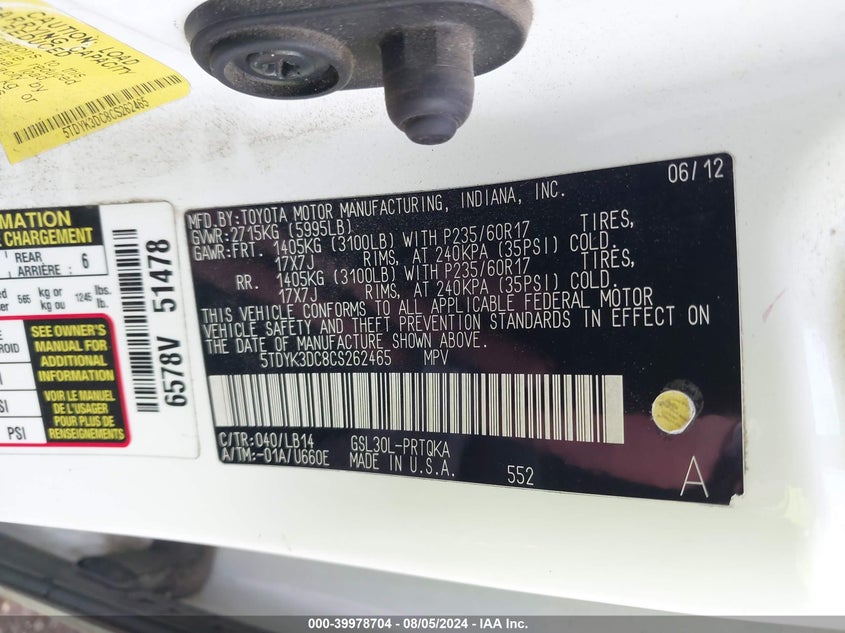 2012 Toyota Sienna Xle V6 8 Passenger VIN: 5TDYK3DC8CS262465 Lot: 39978704