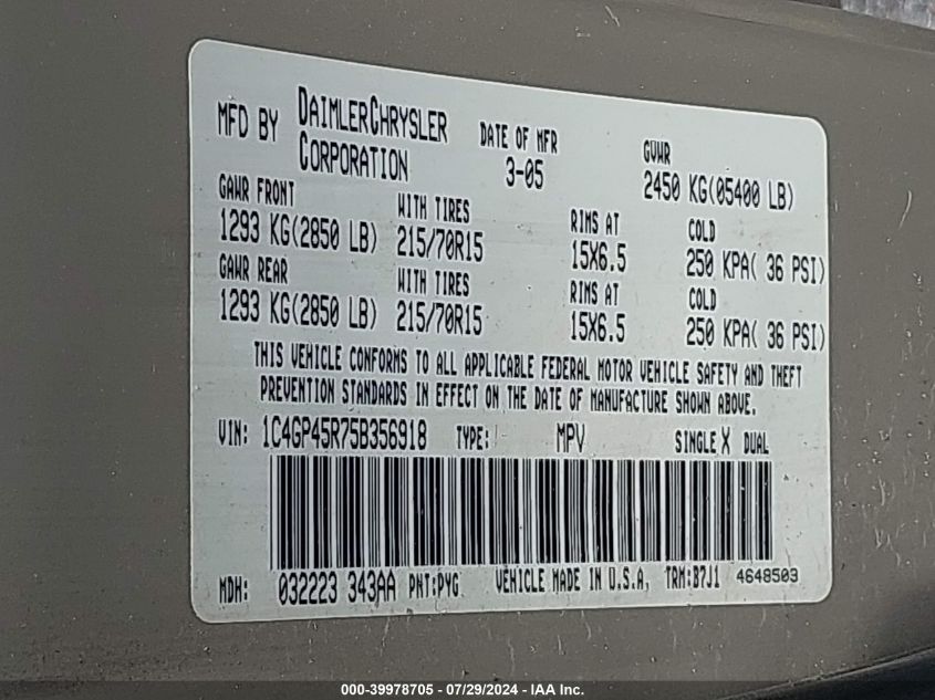 2005 Chrysler Town & Country VIN: 1C4GP45R75B356918 Lot: 39978705