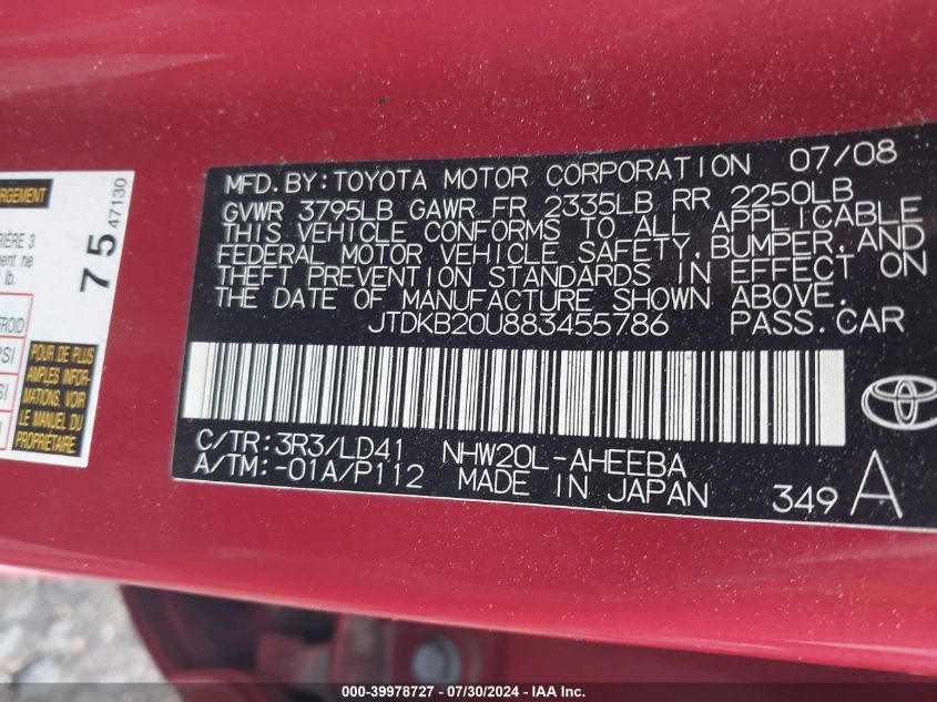 2008 Toyota Prius VIN: JTDKB20U883455786 Lot: 39978727