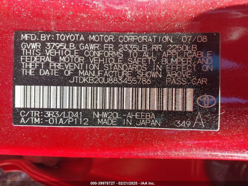 2008 Toyota Prius VIN: JTDKB20U883455786 Lot: 39978727