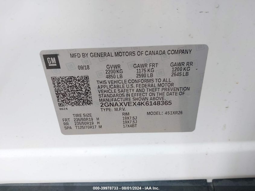 2019 Chevrolet Equinox Lt VIN: 2GNAXVEX4K6148365 Lot: 39978733