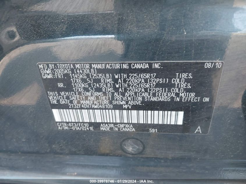 2010 Toyota Rav4 VIN: 2T3ZF4DV7AW048109 Lot: 39978746