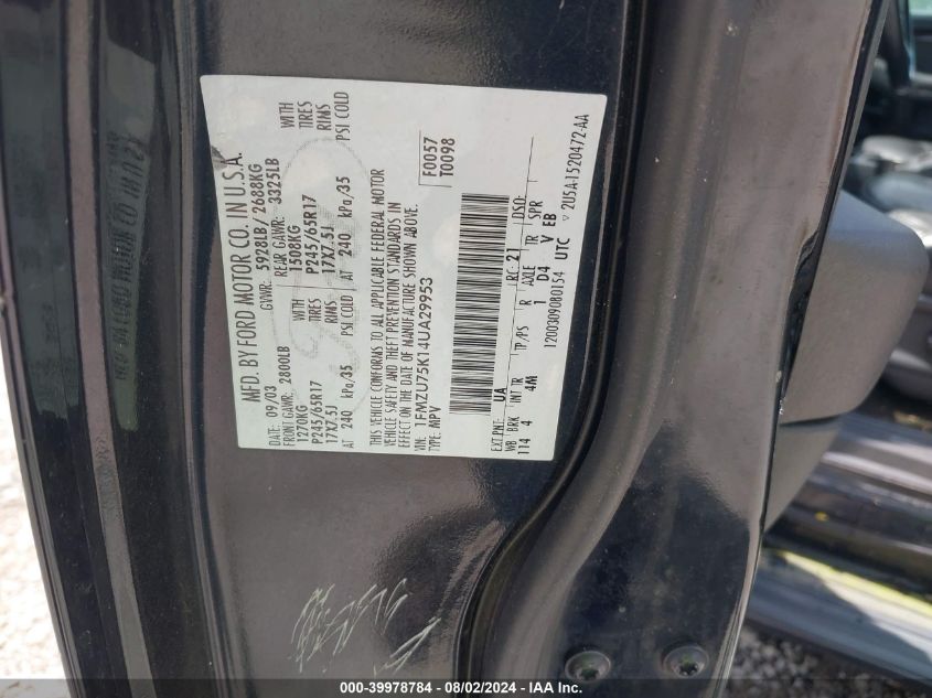 2004 Ford Explorer Limited VIN: 1FMZU75K14UA29953 Lot: 39978784