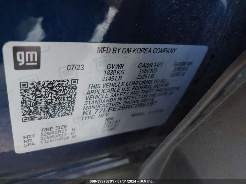 2024 Chevrolet Trax Fwd Sp VIN: KL77LFE26RC086197 Lot: 39978791