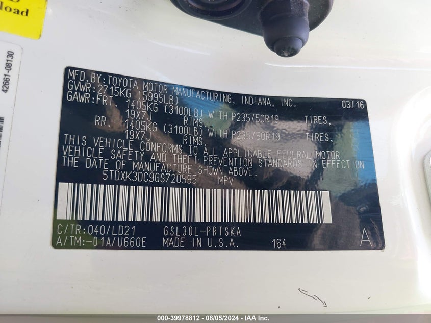 2016 Toyota Sienna Se 8 Passenger VIN: 5TDXK3DC9GS720595 Lot: 39978812