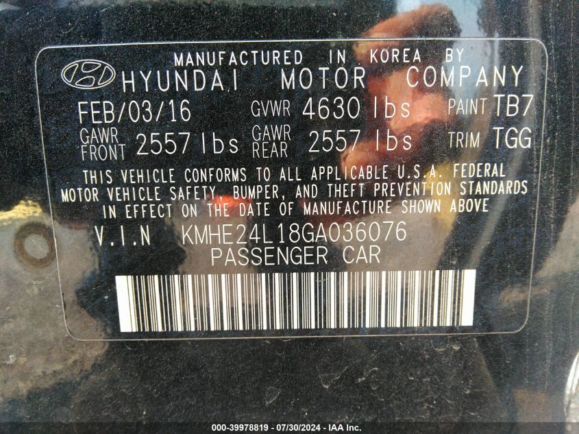 2016 Hyundai Sonata Hybrid Se VIN: KMHE24L18GA036076 Lot: 39978819