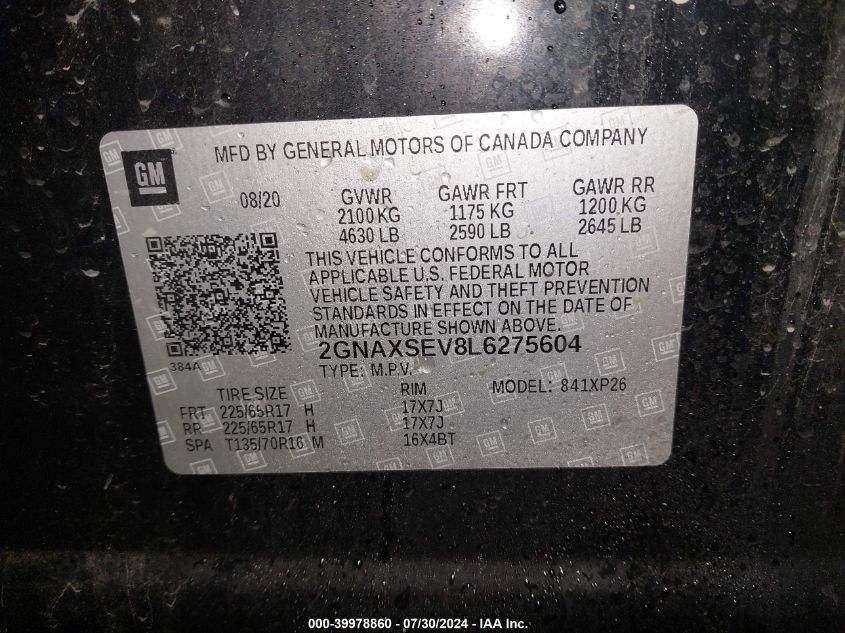 2020 Chevrolet Equinox Awd Ls VIN: 2GNAXSEV8L6275604 Lot: 39978860