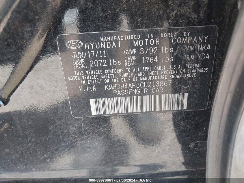 2012 Hyundai Elantra Gls/Limited VIN: KMHDH4AE3CU213867 Lot: 39978861