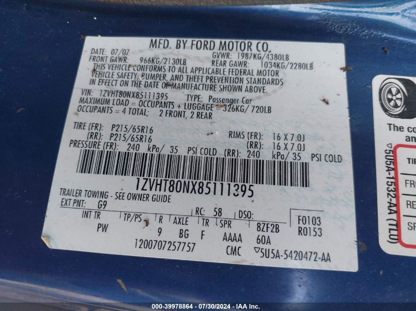 2008 Ford Mustang VIN: 1ZVHT80NX85111395 Lot: 39978864