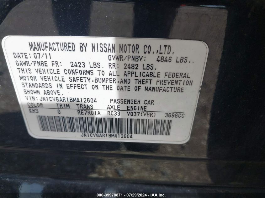 2011 Infiniti G37X VIN: JN1CV6AR1BM412604 Lot: 39978871