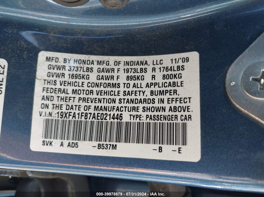 2010 Honda Civic Ex VIN: 19XFA1F87AE021446 Lot: 39978879