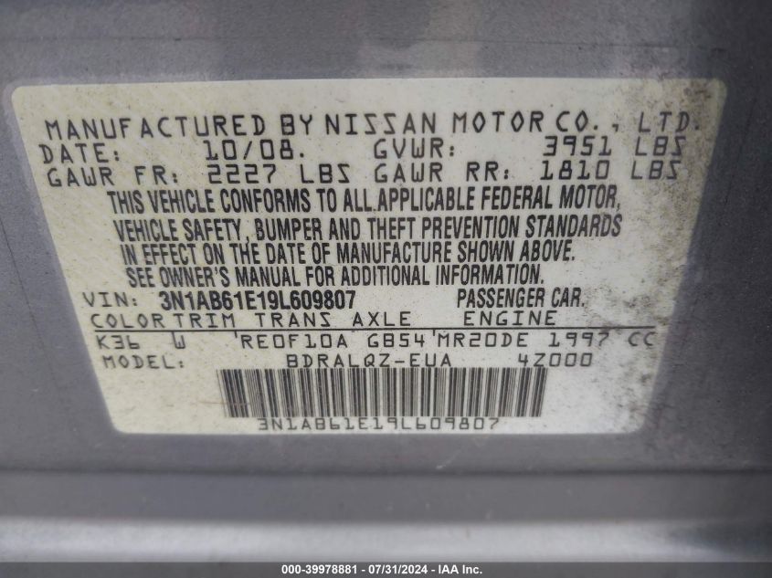 3N1AB61E19L609807 | 2009 NISSAN SENTRA