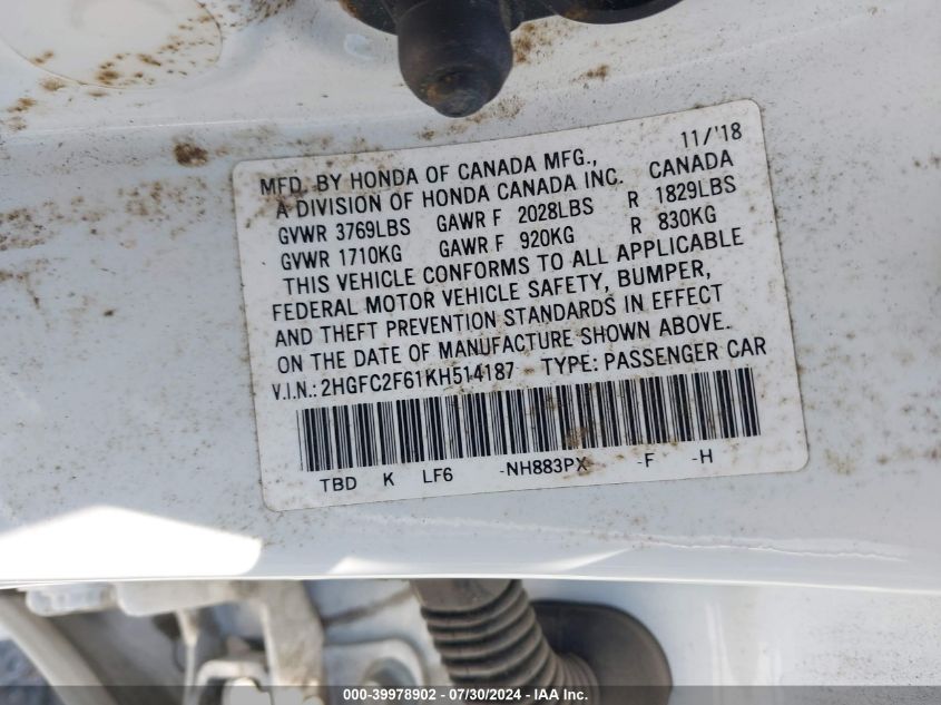 2019 Honda Civic Lx VIN: 2HGFC2F61KH514187 Lot: 39978902