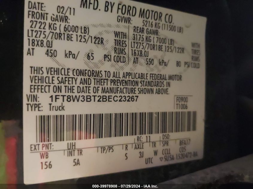 2011 Ford F350 Super Duty VIN: 1FT8W3BT2BEC23267 Lot: 39978908