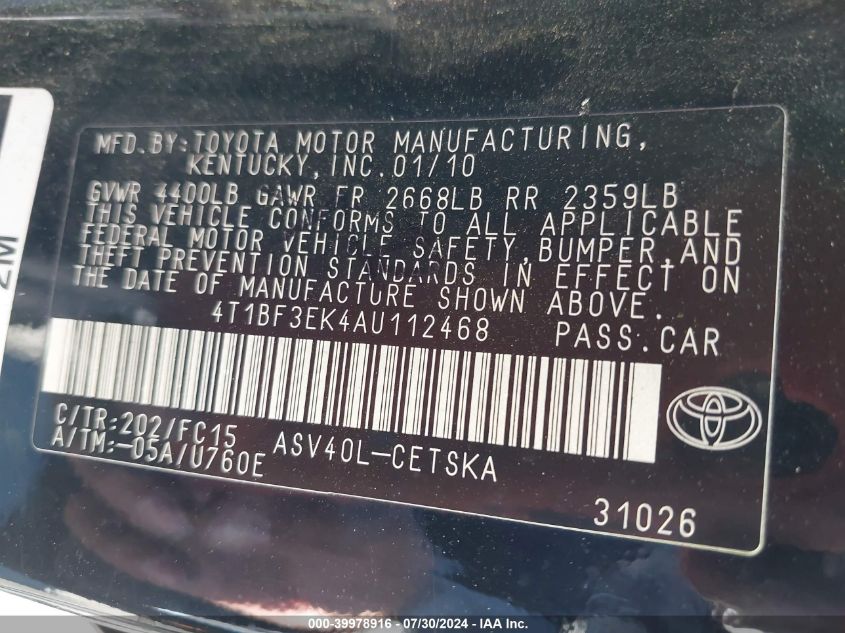 2010 Toyota Camry Se VIN: 4T1BF3EK4AU112468 Lot: 39978916