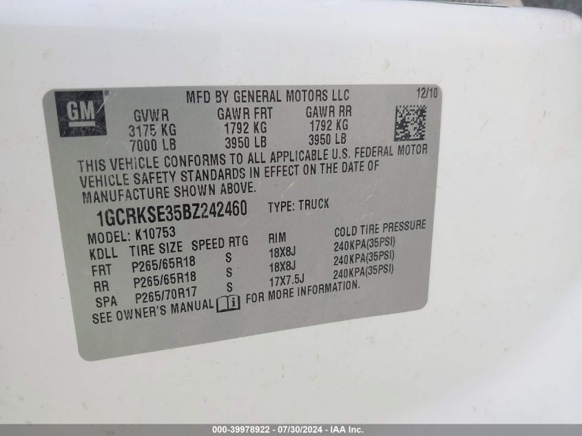 2011 Chevrolet Silverado 1500 Lt VIN: 1GCRKSE35BZ242460 Lot: 39978922