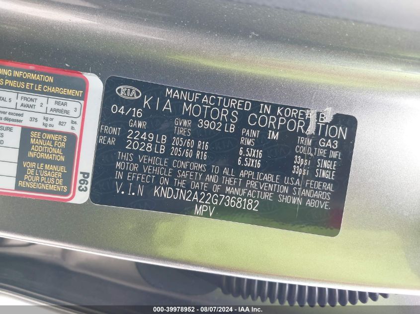 2016 Kia Soul VIN: KNDJN2A22G7368182 Lot: 39978952