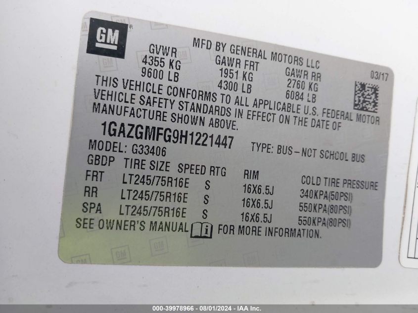 2017 Chevrolet Express 3500 Lt VIN: 1GAZGMFG9H1221447 Lot: 39978966