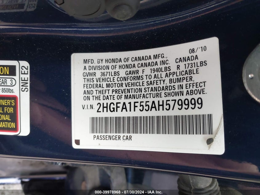 2010 Honda Civic Lx VIN: 2HGFA1F55AH579999 Lot: 39978968
