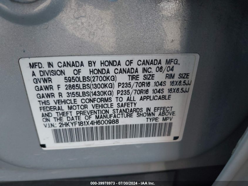 2004 Honda Pilot Lx VIN: 2HKYF181X4H600988 Lot: 39978973
