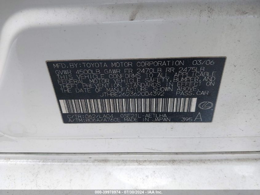 2006 Lexus Is 350 VIN: JTHBE262362004392 Lot: 39978974