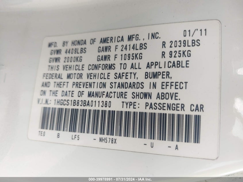 1HGCS1B83BA011380 2011 Honda Accord 2.4 Ex-L