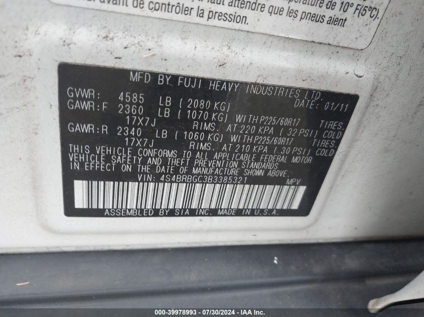 2011 Subaru Outback 2.5I Premium VIN: 4S4BRBGC3B3385321 Lot: 39978993