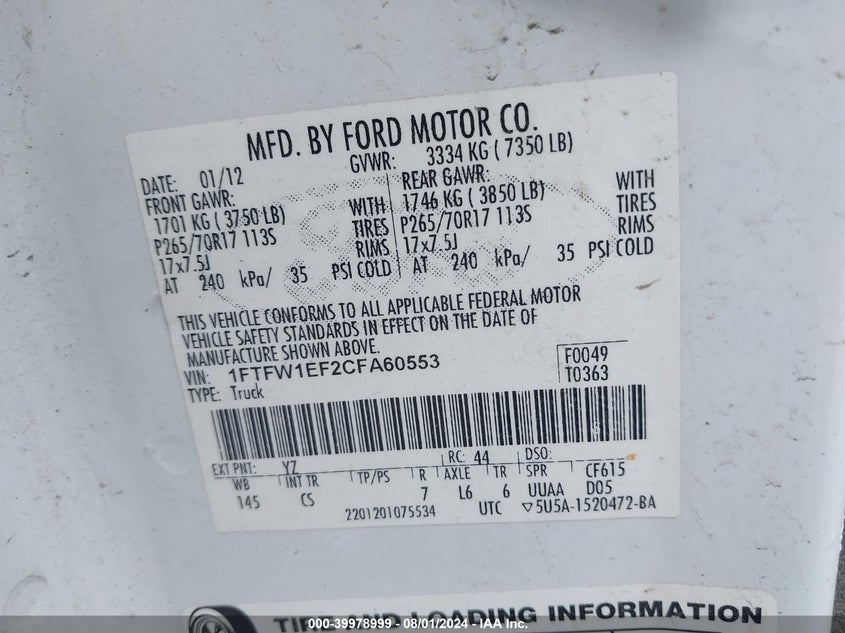 2012 Ford F-150 Xl VIN: 1FTFW1EF2CFA60553 Lot: 39978999