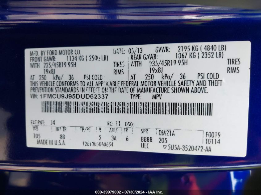 2013 Ford Escape Titanium VIN: 1FMCU9J95DUD62337 Lot: 39979002