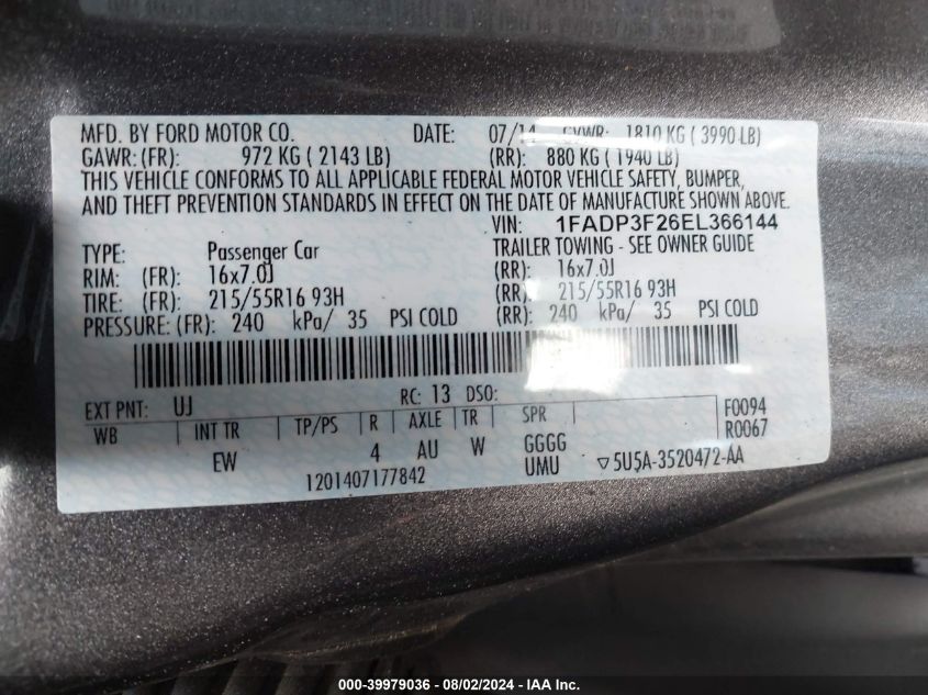 2014 FORD FOCUS SE - 1FADP3F26EL366144