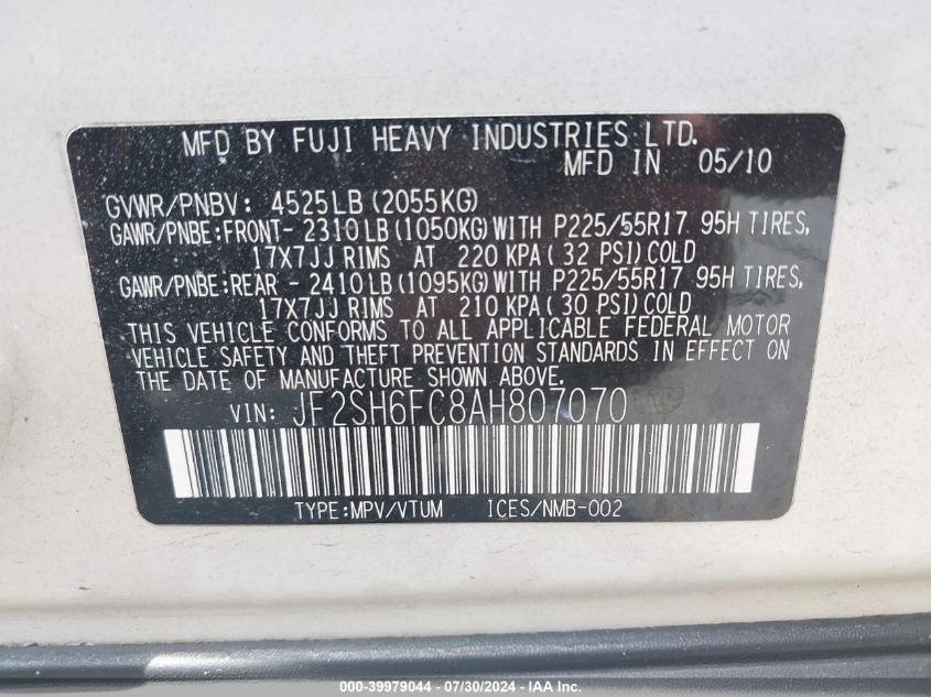2010 Subaru Forester 2.5Xt Limited VIN: JF2SH6FC8AH807070 Lot: 39979044
