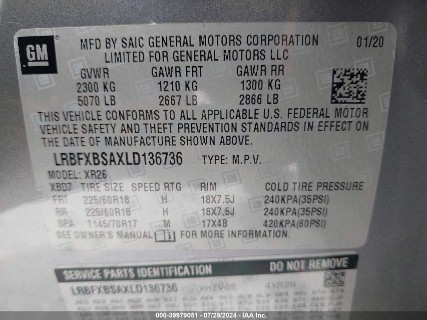 2020 Buick Envision Fwd Preferred VIN: LRBFXBSAXLD136736 Lot: 39979051