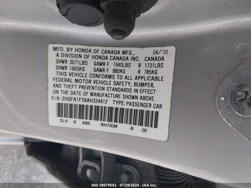 2010 Honda Civic Lx VIN: 2HGFA1F5XAH324412 Lot: 39979052