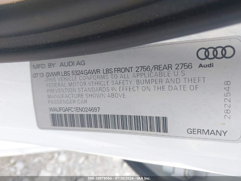 2014 Audi A6 3.0T Premium Plus VIN: WAUFGAFC1EN024697 Lot: 39979054