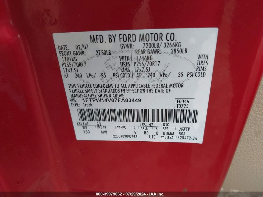 2007 Ford F-150 Fx4/Lariat/Xlt VIN: 1FTPW14V87FA83449 Lot: 39979062