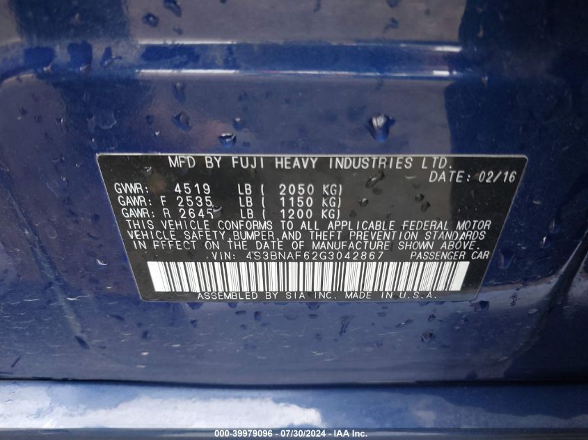 2016 Subaru Legacy 2.5I Premium VIN: 4S3BNAF62G3042867 Lot: 39979096