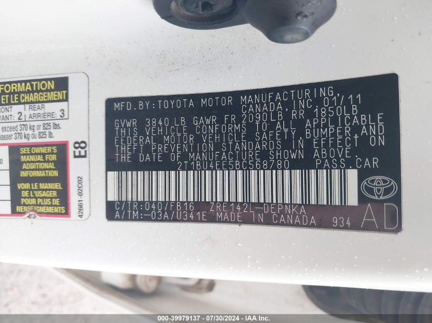 2011 Toyota Corolla S/Le VIN: 2T1BU4EE5BC568780 Lot: 39979137