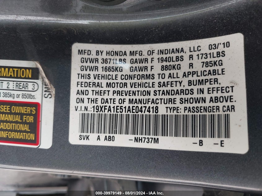 2010 Honda Civic Lx VIN: 19XFA1E51AE047418 Lot: 39979149