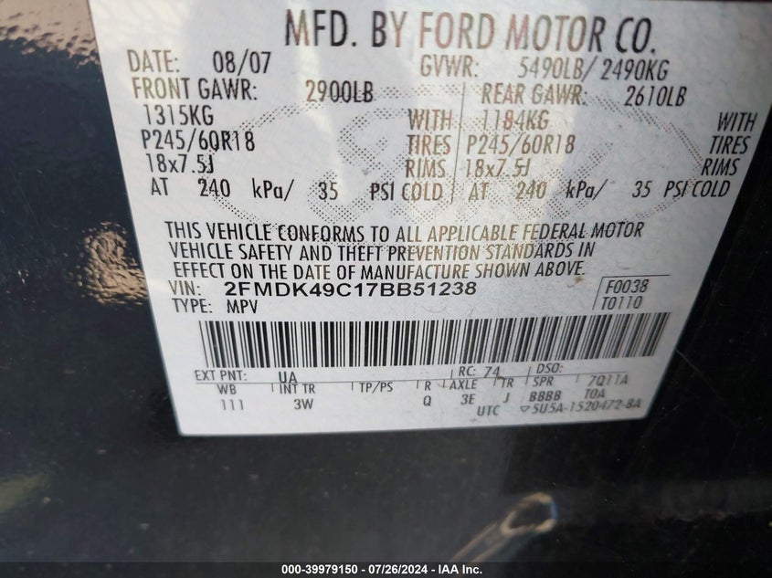 2007 Ford Edge Sel Plus VIN: 2FMDK49C17BB51238 Lot: 39979150