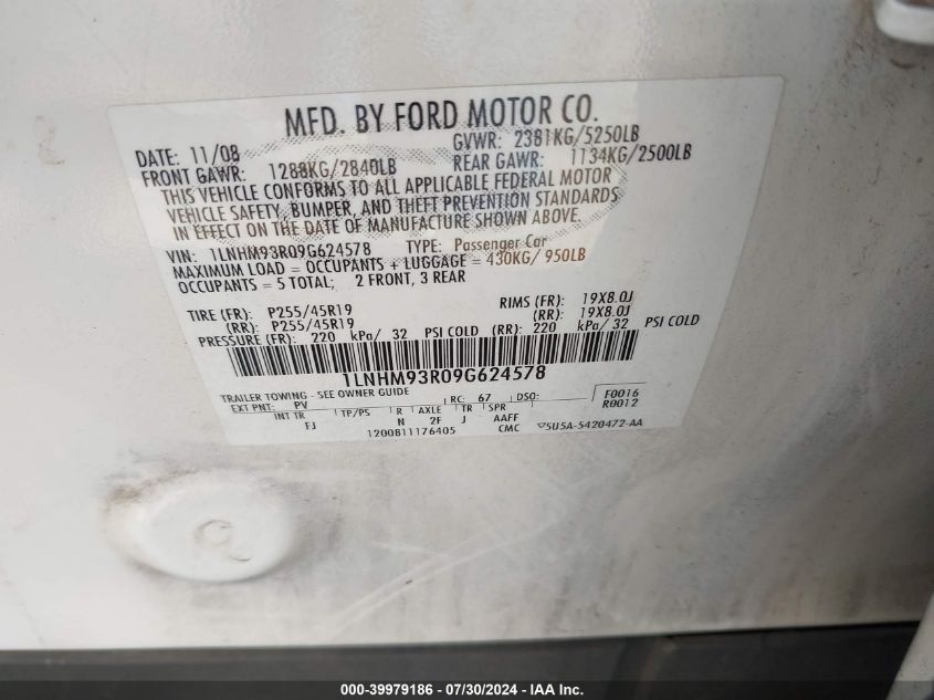 2009 Lincoln Mks VIN: 1LNHM93R09G624578 Lot: 39979186