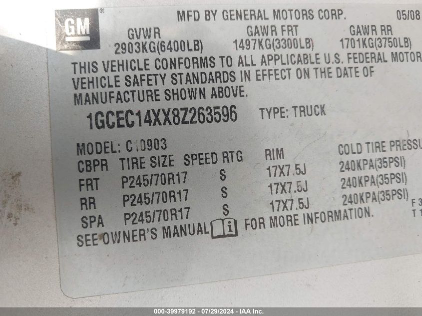 2008 Chevrolet Silverado 1500 Work Truck VIN: 1GCEC14XX8Z263596 Lot: 39979192