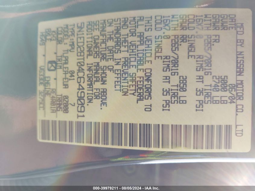 2004 Nissan Xterra Xe/Se VIN: 5N1ED28T04C649091 Lot: 39979211