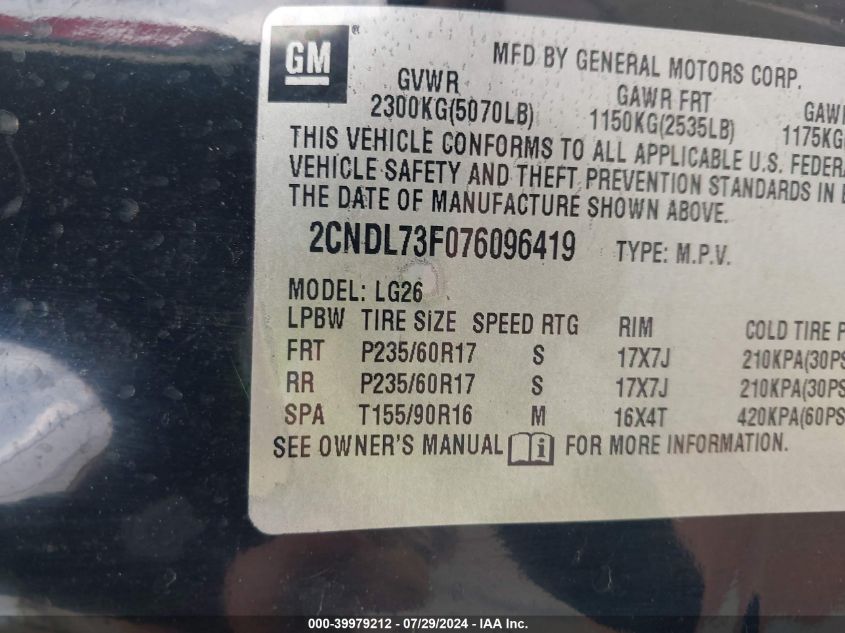 2007 Chevrolet Equinox Lt VIN: 2CNDL73F076096419 Lot: 39979212