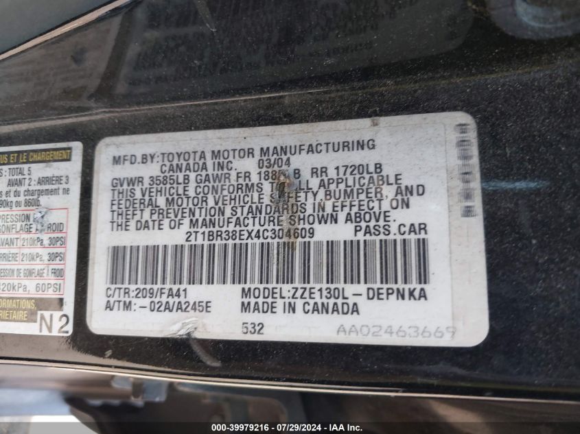 2004 Toyota Corolla Le VIN: 2T1BR38EX4C304609 Lot: 39979216